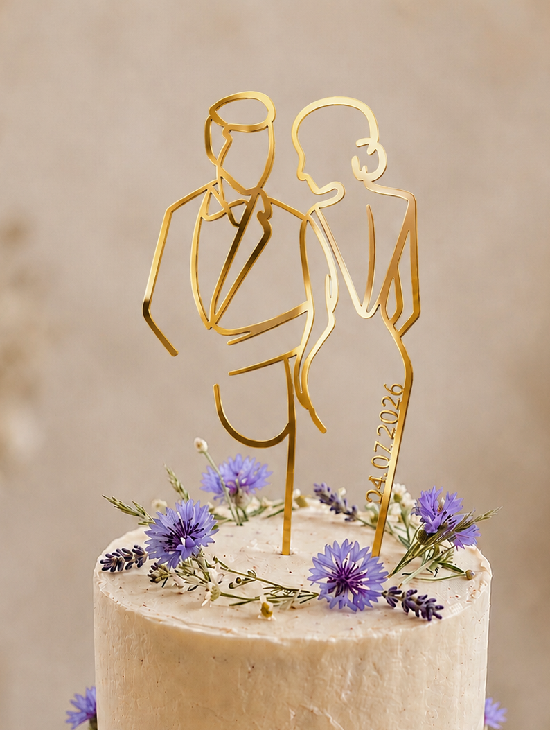 Eleganter Cake Topper „Line Art Couple“ aus Holz oder Acryl – personalisierbare Hochzeitsfigur mit Datum
