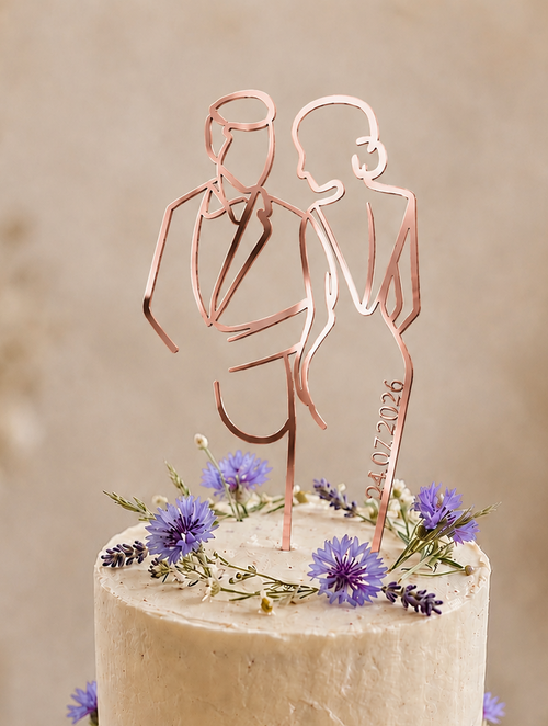 Eleganter Cake Topper „Line Art Couple“ aus Holz oder Acryl – personalisierbare Hochzeitsfigur mit Datum