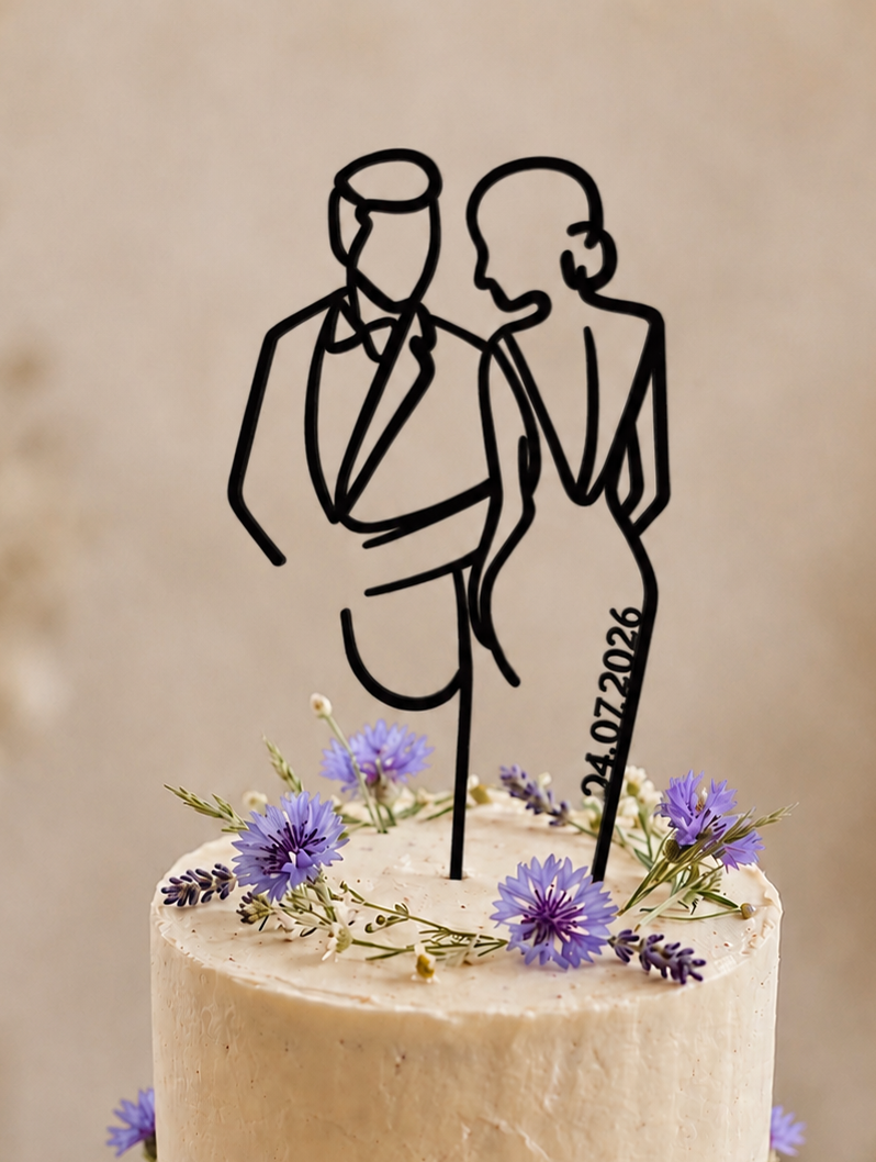Eleganter Cake Topper „Line Art Couple“ aus Holz oder Acryl – personalisierbare Hochzeitsfigur mit Datum