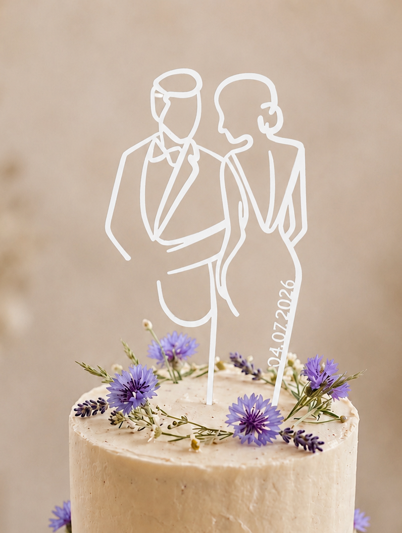 Eleganter Cake Topper „Line Art Couple“ aus Holz oder Acryl – personalisierbare Hochzeitsfigur mit Datum