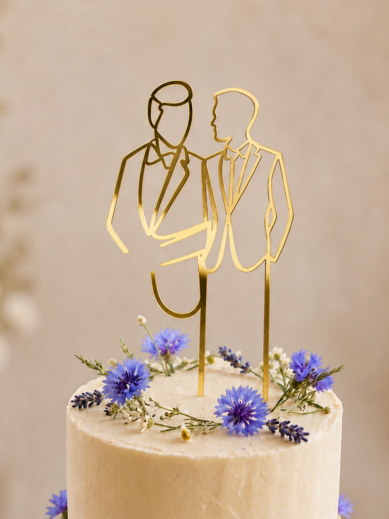Eleganter Cake Topper „Line Art Couple Mr. und Mr.“ aus Holz oder Acryl – personalisierbare Hochzeitsfigur mit Datum