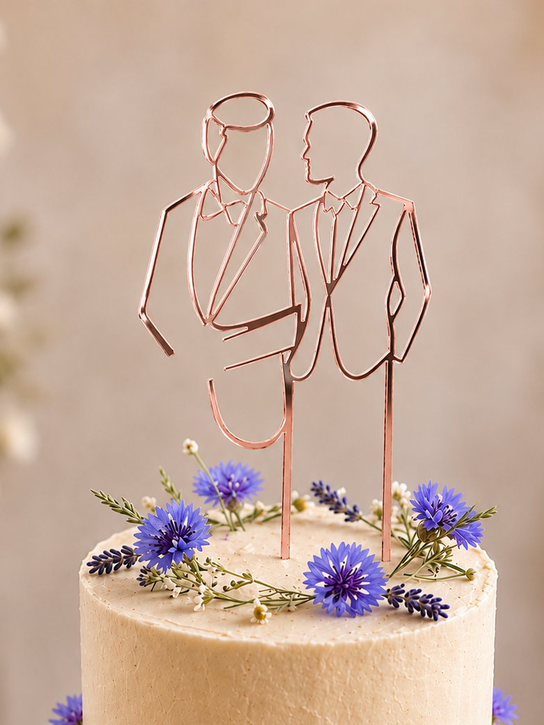 Eleganter Cake Topper „Line Art Couple Mr. und Mr.“ aus Holz oder Acryl – personalisierbare Hochzeitsfigur mit Datum