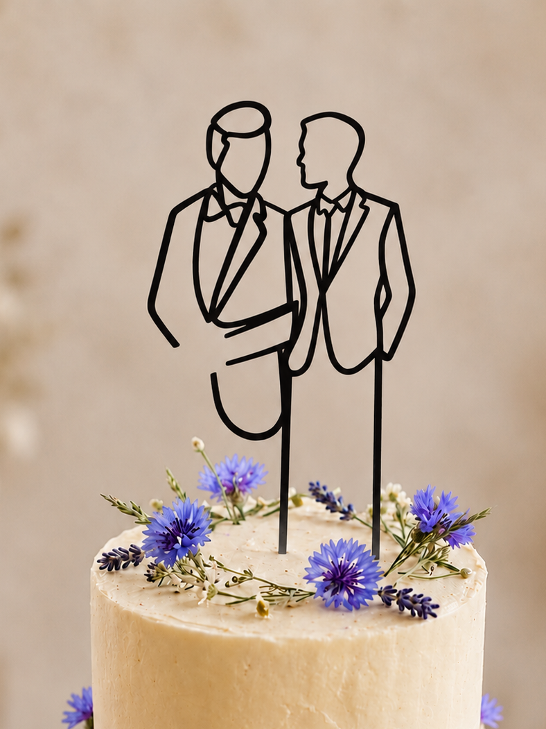 Eleganter Cake Topper „Line Art Couple Mr. und Mr.“ aus Holz oder Acryl – personalisierbare Hochzeitsfigur mit Datum