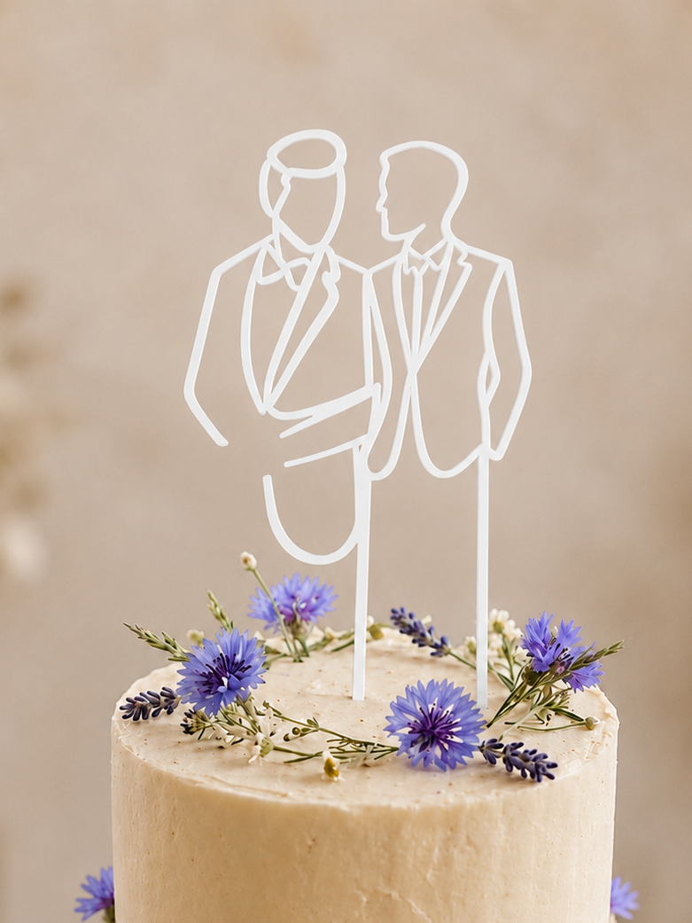 Eleganter Cake Topper „Line Art Couple Mr. und Mr.“ aus Holz oder Acryl – personalisierbare Hochzeitsfigur mit Datum