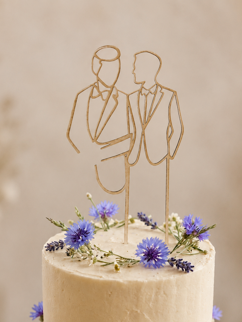 Eleganter Cake Topper „Line Art Couple Mr. und Mr.“ aus Holz oder Acryl – personalisierbare Hochzeitsfigur mit Datum