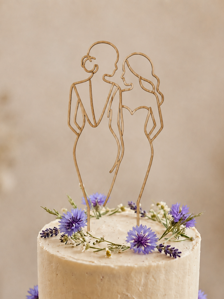Eleganter Cake Topper „Line Art Couple Mrs. und Mrs.“ aus Holz oder Acryl – personalisierbare Hochzeitsfigur mit Datum