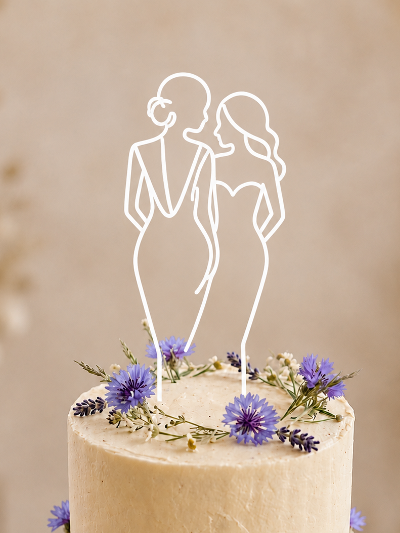 Eleganter Cake Topper „Line Art Couple Mrs. und Mrs.“ aus Holz oder Acryl – personalisierbare Hochzeitsfigur mit Datum