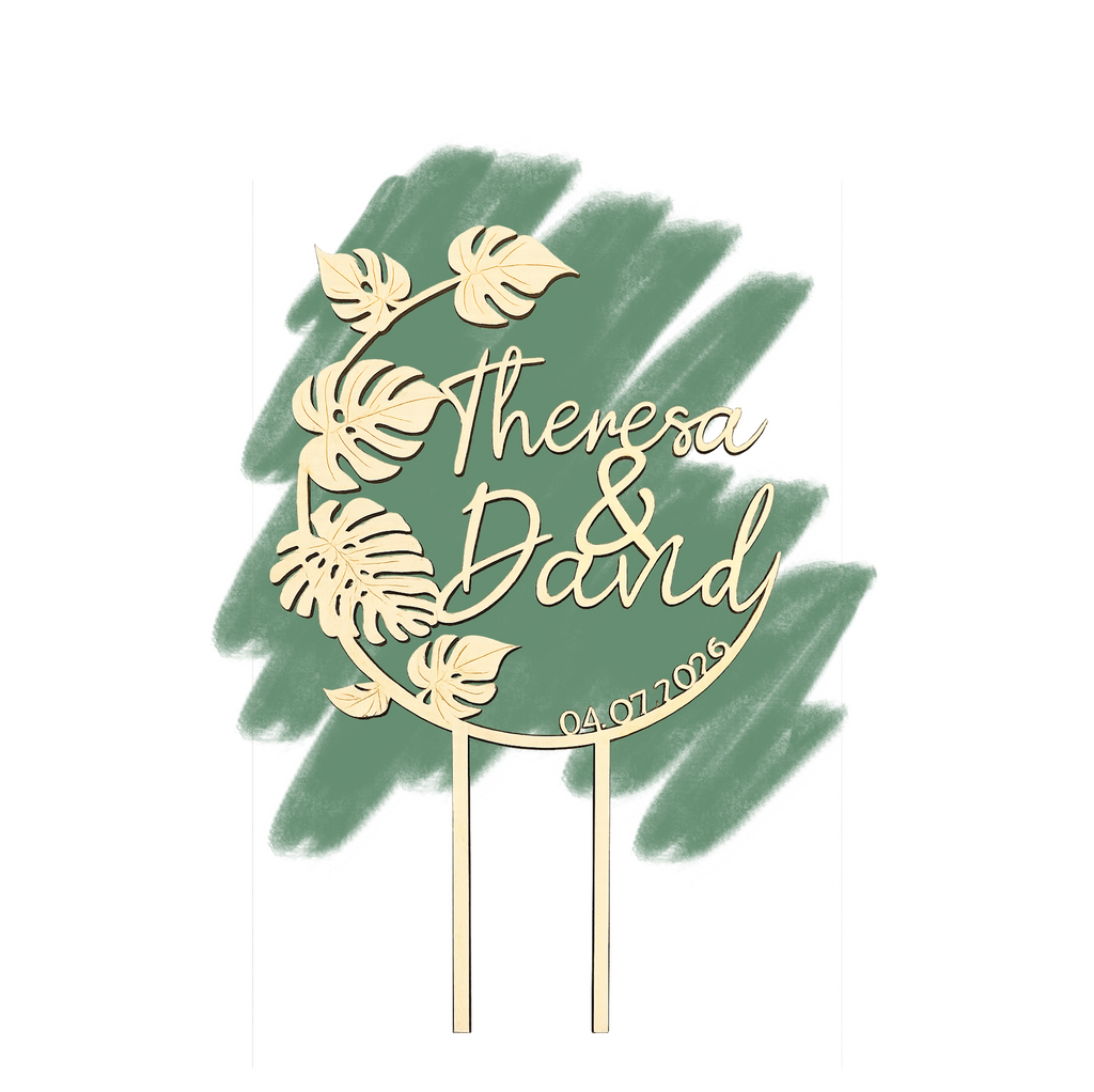 Personalisierter Cake Topper aus Holz mit Monstera-Blättern