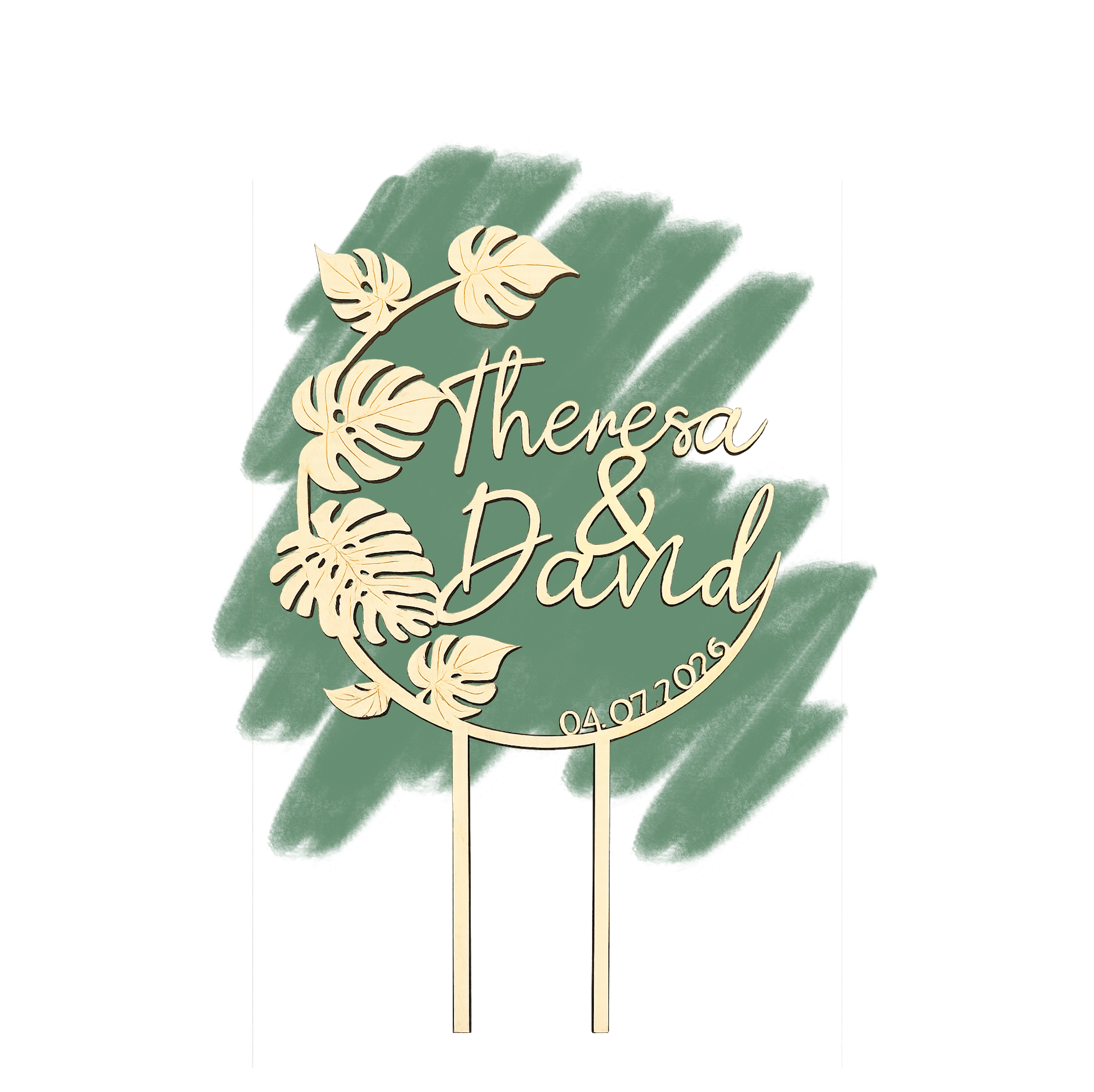 Personalisierter Cake Topper aus Holz mit Monstera-Blättern