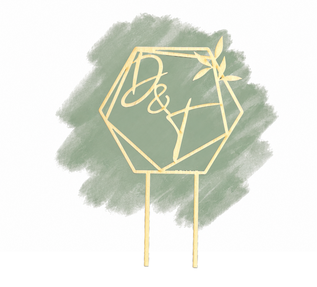 Personalisierter Cake Topper aus Holz im Hexagon-Design mit Lorbeer – Namen & Datum für eure Hochzeitstorte