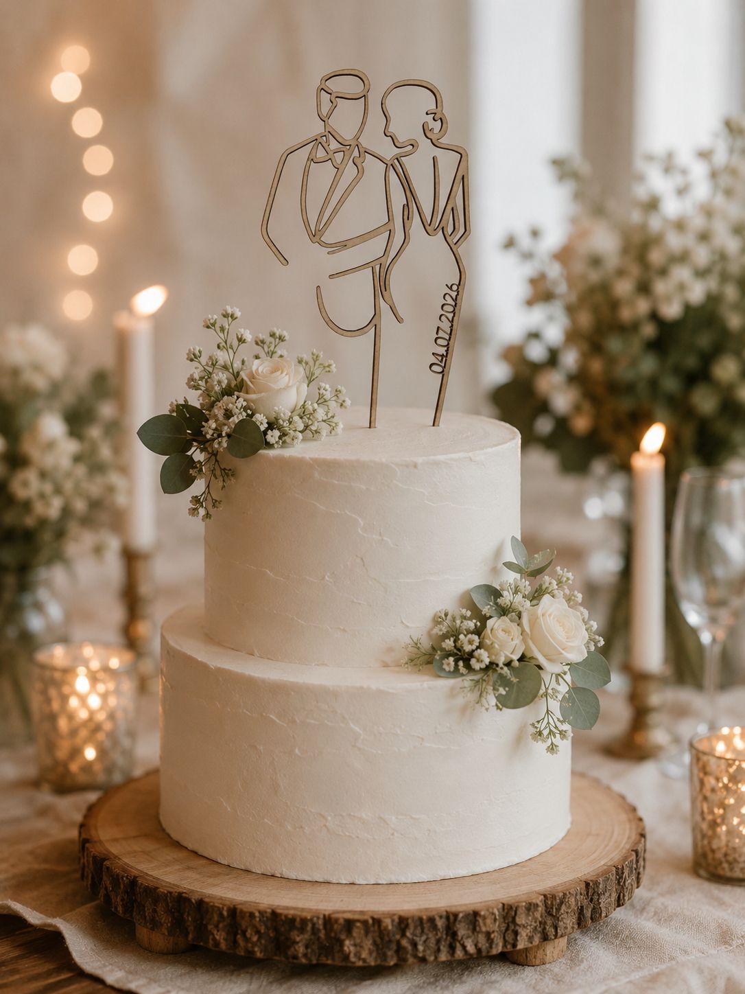 Eleganter Cake Topper „Line Art Couple“ aus Holz oder Acryl – personalisierbare Hochzeitsfigur mit Datum