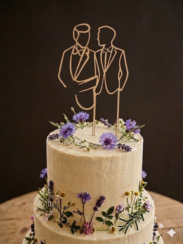Eleganter Cake Topper „Line Art Couple Mr. und Mr.“ aus Holz oder Acryl – personalisierbare Hochzeitsfigur mit Datum