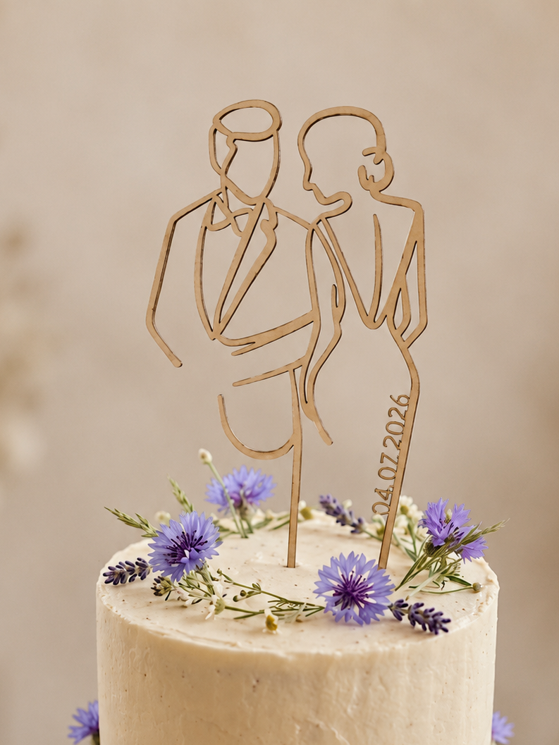Eleganter Cake Topper „Line Art Couple“ aus Holz oder Acryl – personalisierbare Hochzeitsfigur mit Datum