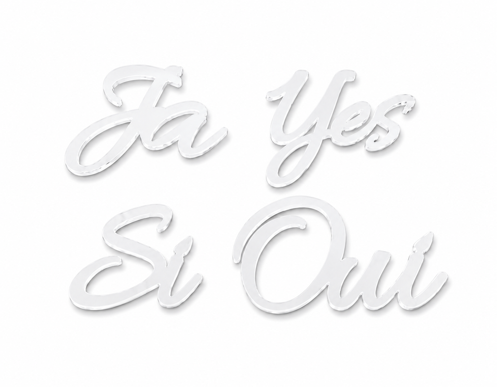 „Ja • Yes • Sí • Oui“ Streudeko aus Holz oder Acryl – Internationale Hochzeitsdeko für eure Tischdekoration