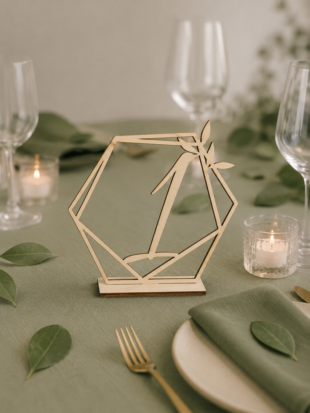 Geometrische Tischnummer aus Holz oder Acryl mit Lorbeer – Moderne Tischdeko für Hochzeiten