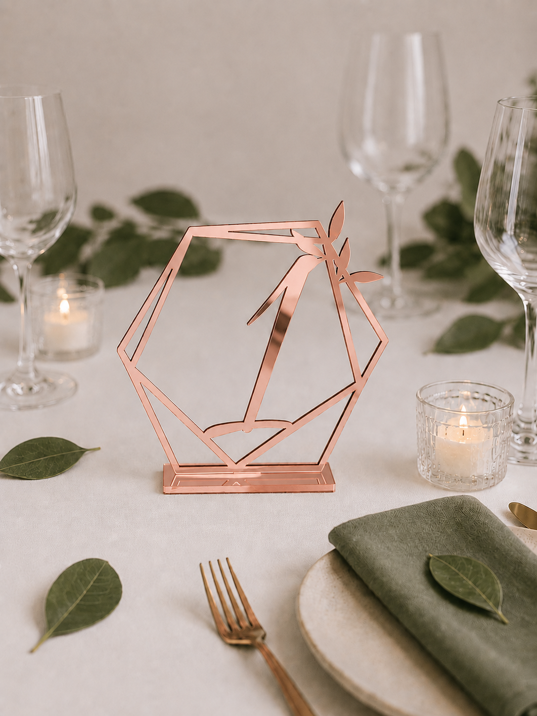 Geometrische Tischnummer aus Holz oder Acryl mit Lorbeer – Moderne Tischdeko für Hochzeiten