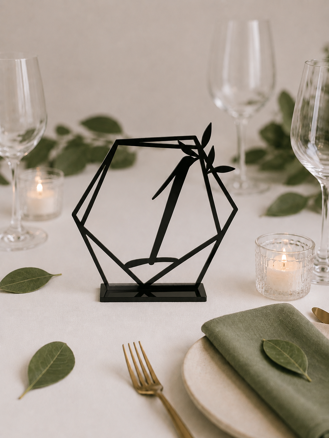 Geometrische Tischnummer aus Holz oder Acryl mit Lorbeer – Moderne Tischdeko für Hochzeiten