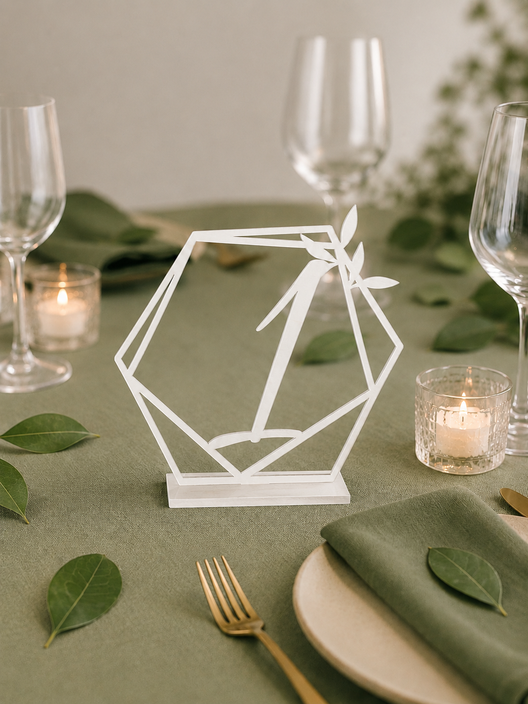 Geometrische Tischnummer aus Holz oder Acryl mit Lorbeer – Moderne Tischdeko für Hochzeiten