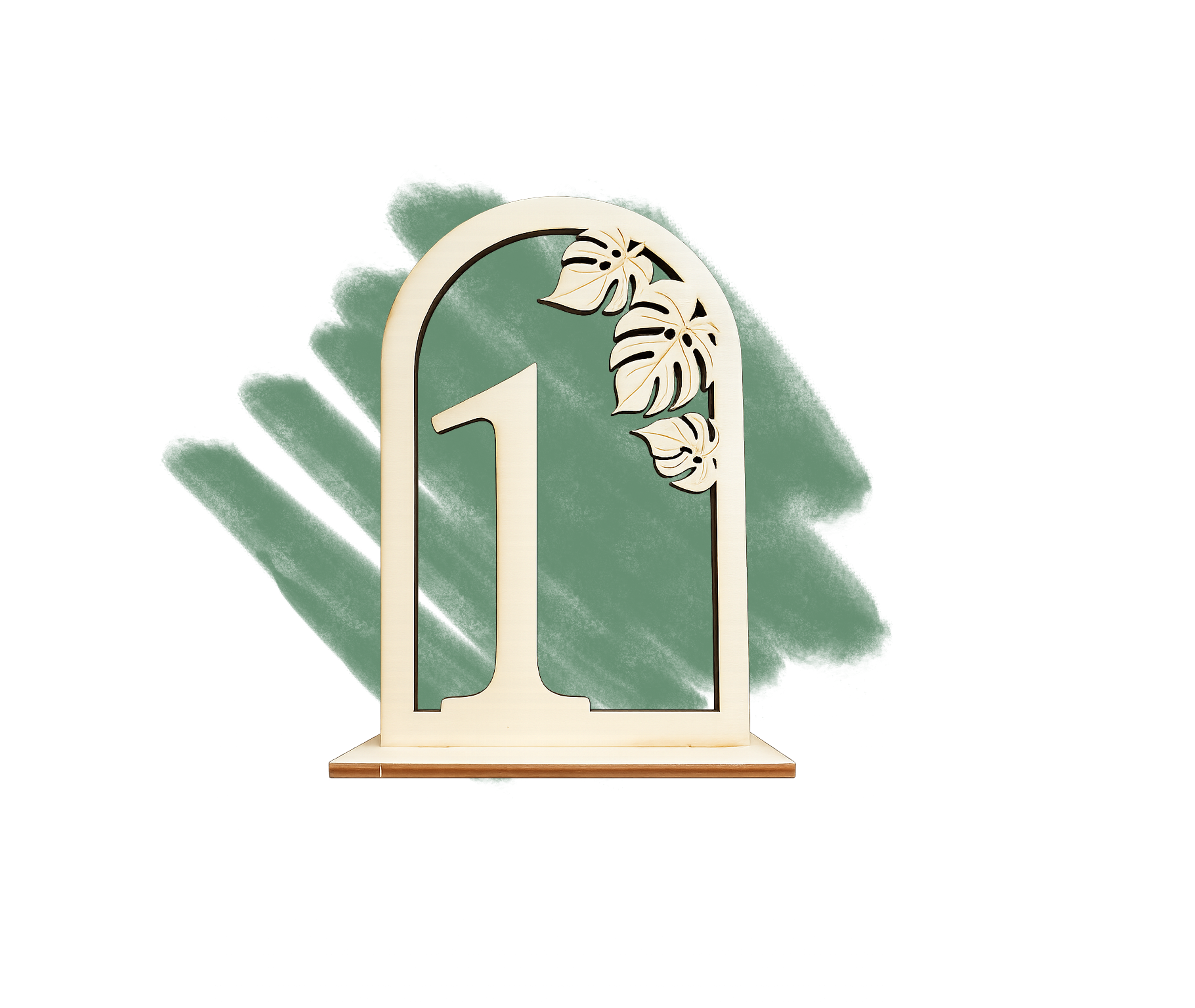 Tischnummer aus Holz mit Monstera-Design – Tropische Tischdeko für eure Hochzeit