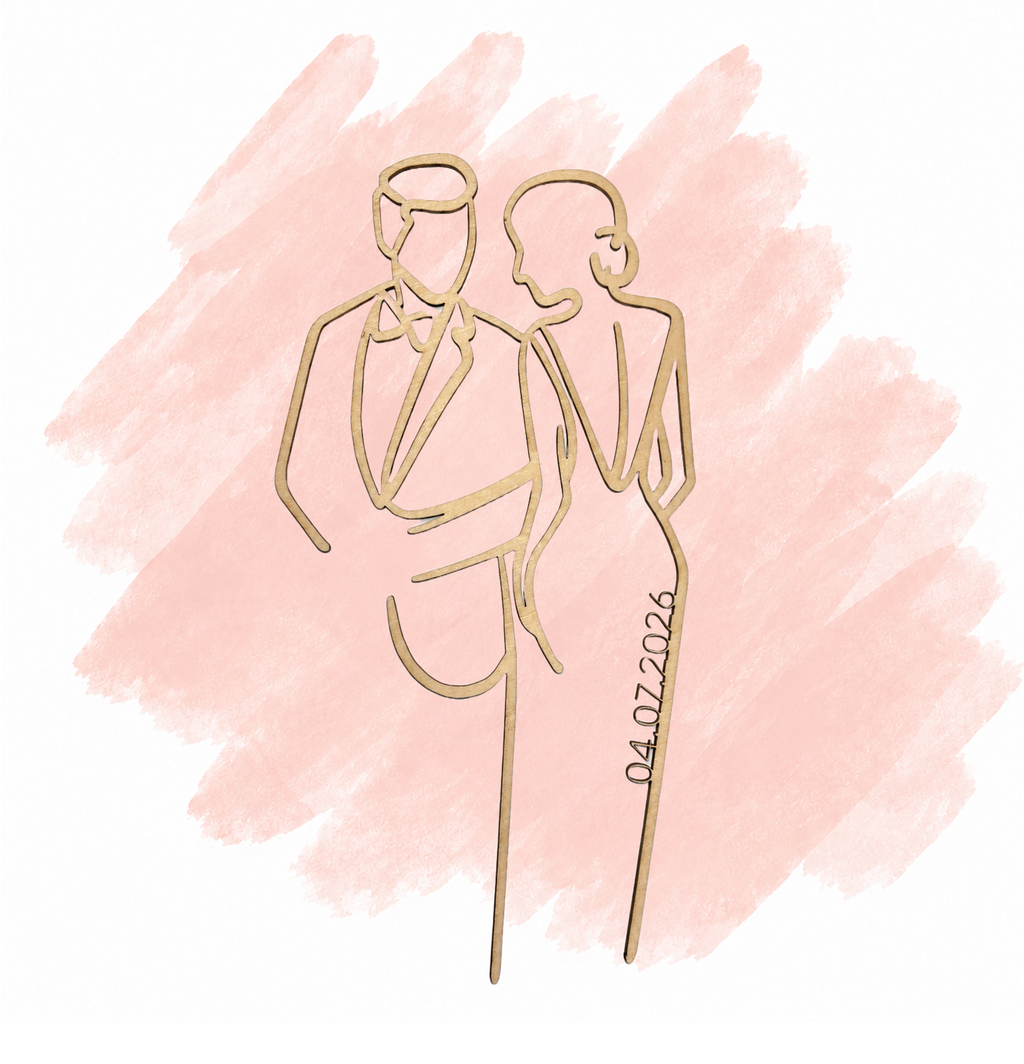 Eleganter Cake Topper „Line Art Couple“ aus Holz oder Acryl – personalisierbare Hochzeitsfigur mit Datum