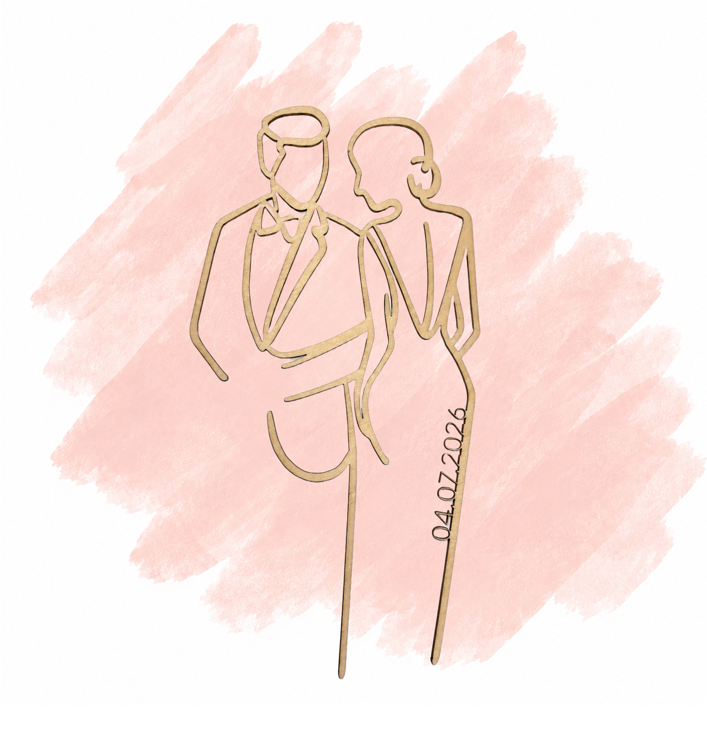 Eleganter Cake Topper „Line Art Couple“ aus Holz oder Acryl – personalisierbare Hochzeitsfigur mit Datum